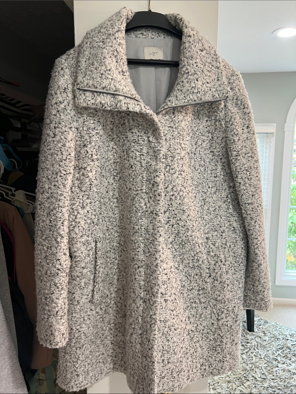 LOFT Heathered Light Gray Teddy Bouclé Zip Coat